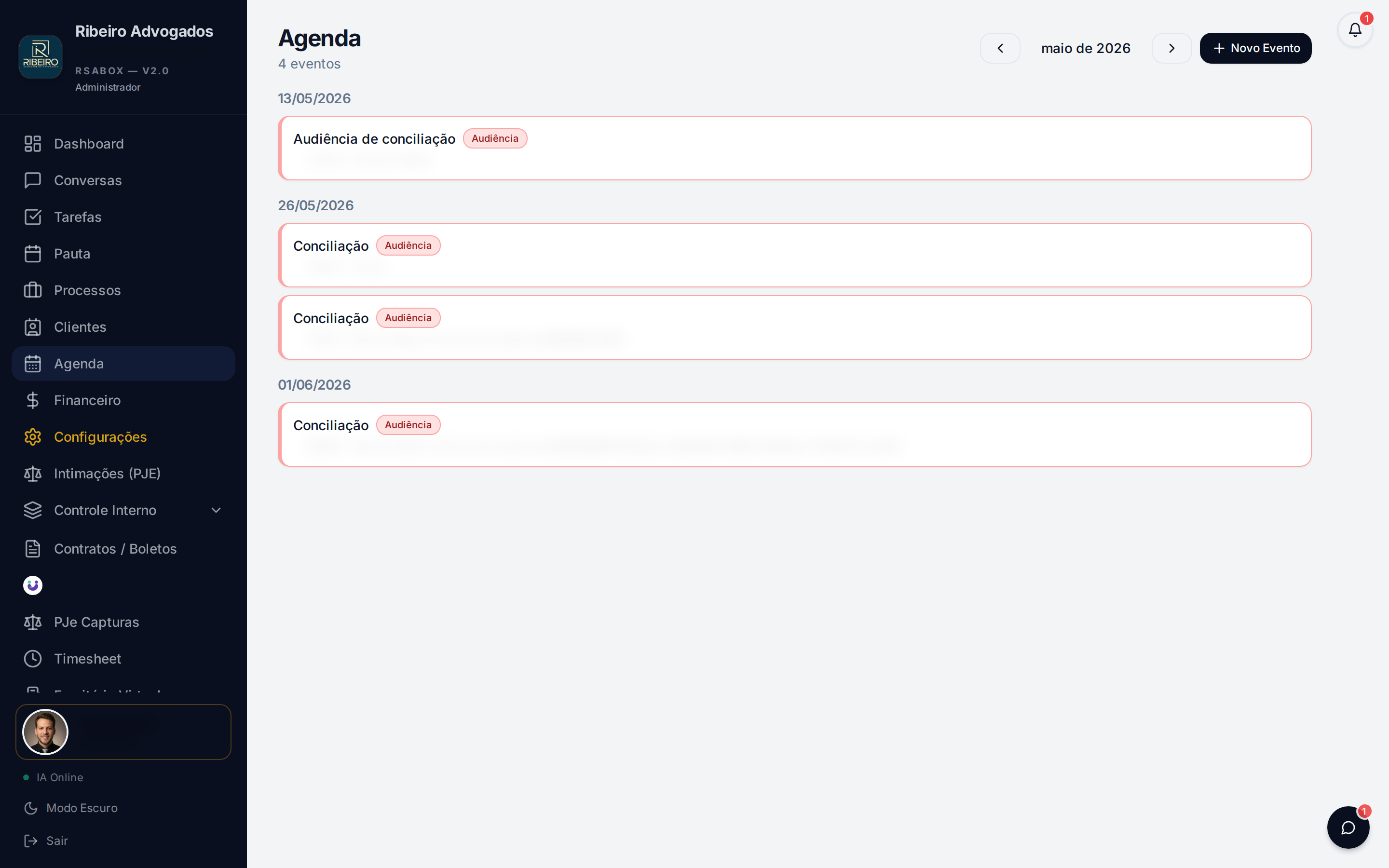 Agenda de audiências com compromissos criados automaticamente via scanner de pauta